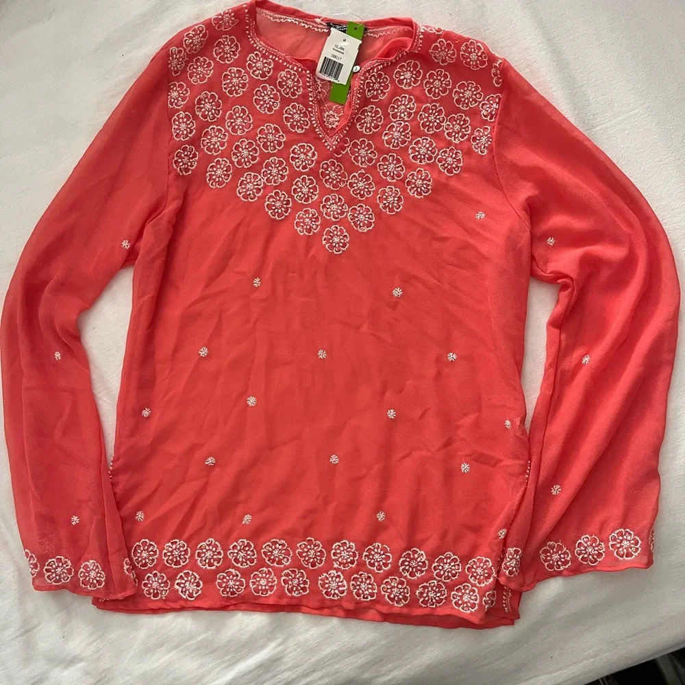 Cejon Coral, Embroidered Beaded Sheer Blouse Boho Resort Top, Size L NWT - Picture 4 of 16